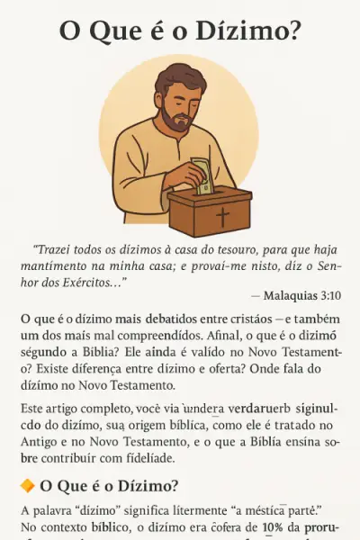 Ilustração de homem colocando dinheiro em uma caixa de ofertas, acompanhada do título 'O Que é o Dízimo? Entenda o Dízimo na Bíblia e no Novo Testamento', com citação bíblica de Malaquias 3:10 e introdução explicando o significado do dízimo segundo as Escrituras.