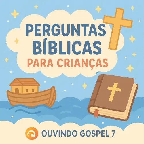 Ilustração infantil com elementos bíblicos como arca de Noé, cruz e Bíblia, com o título 'Perguntas Bíblicas para Crianças'